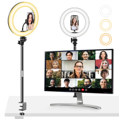 Ring Light for Computer Video Conferencing Recording/Zoom Meeting-10 Desk Ring Light with Mount StandStream Lights with 14.2-24 in Adjustable Clamp Stand & Phone Holder for Webcam/Camera
